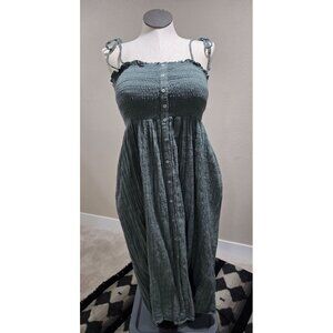 Aerie Green Smocked Midi Dress With Tie Straps & Button Front